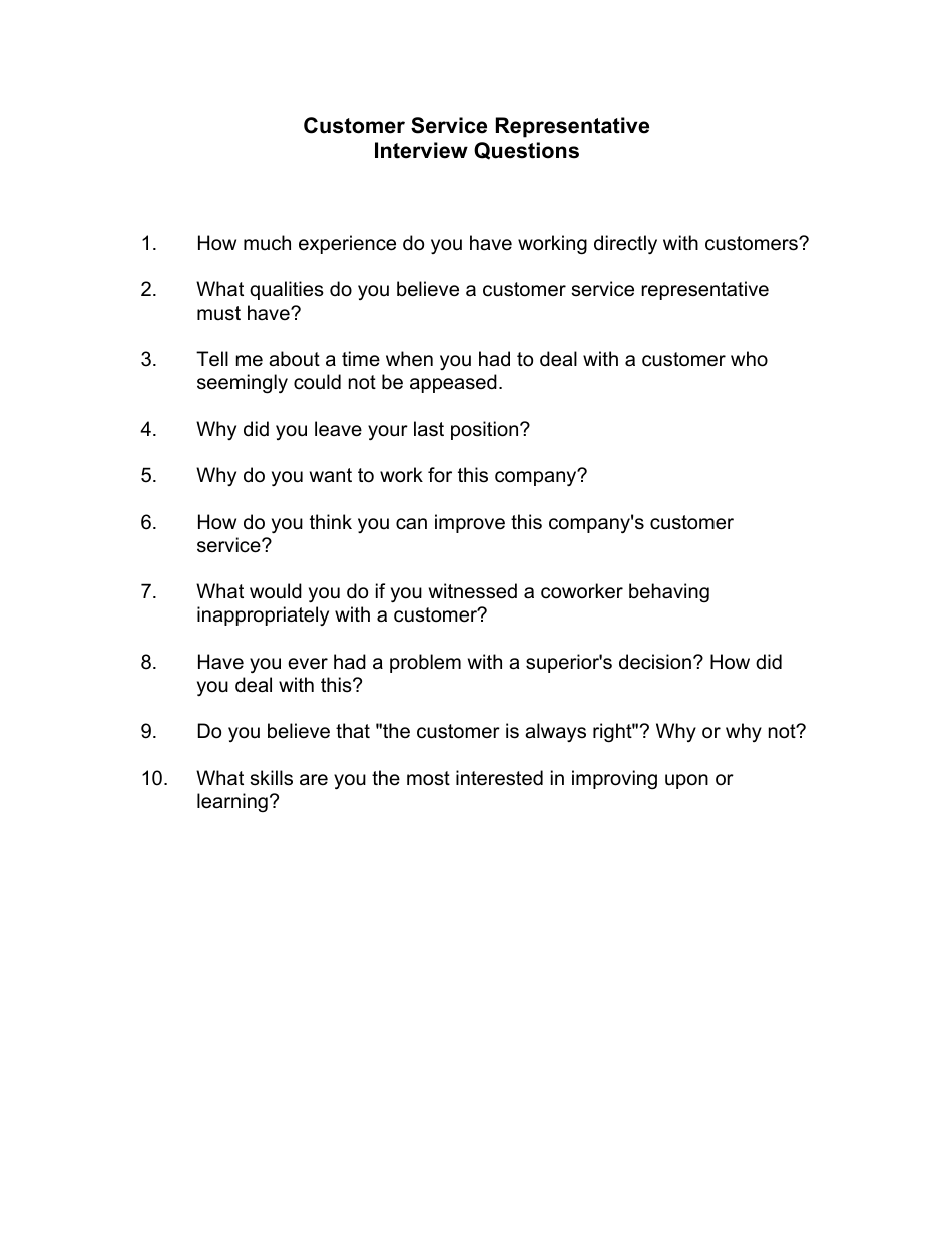 Sample Customer Service Representative Interview Questions Fill Out