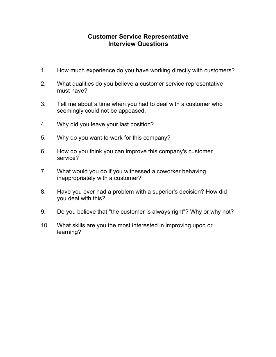 Sample Customer Service Representative Interview Questions Fill Out 