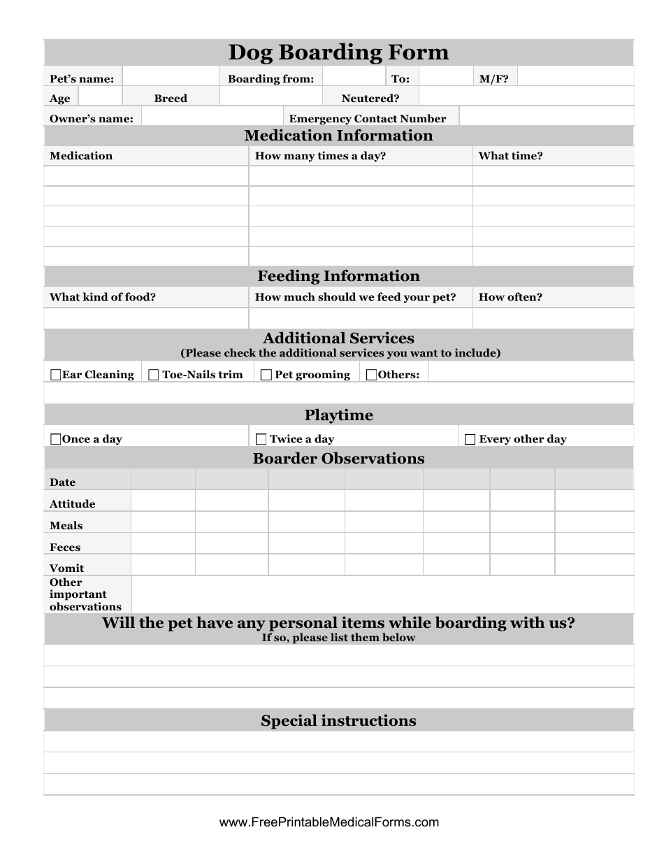 Dog Boarding Form, Page 1