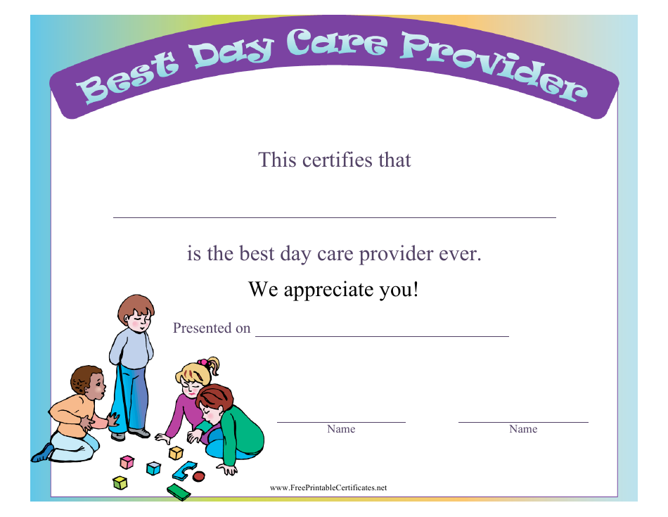 Colorful Best Day Care Provider Certificate Template - Preview Image