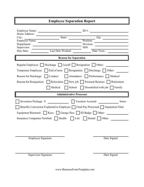 Employee Separation Report Form Download Pdf