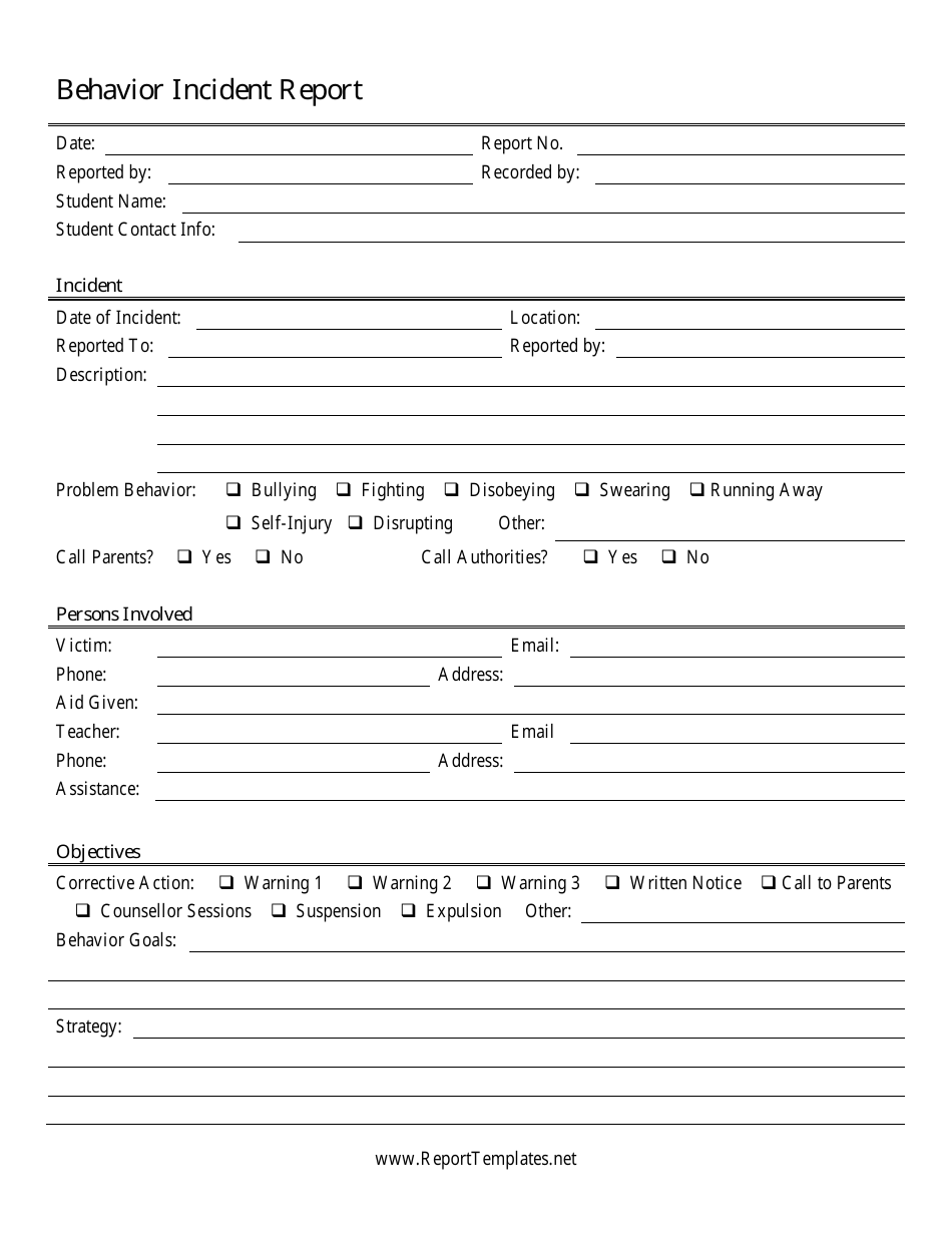 Behavior Incident Report Form, Page 1