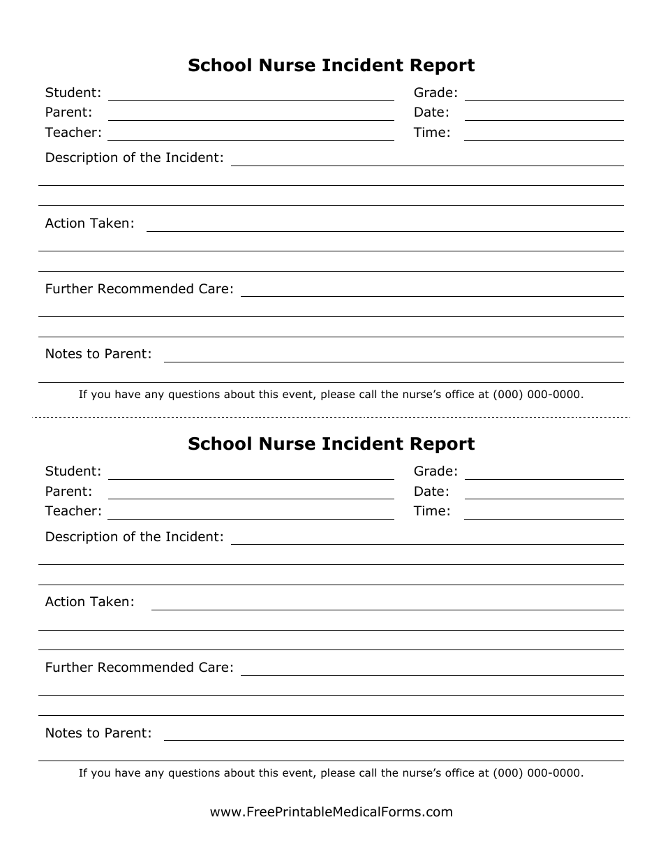 School Nurse Incident Report Form, Page 1