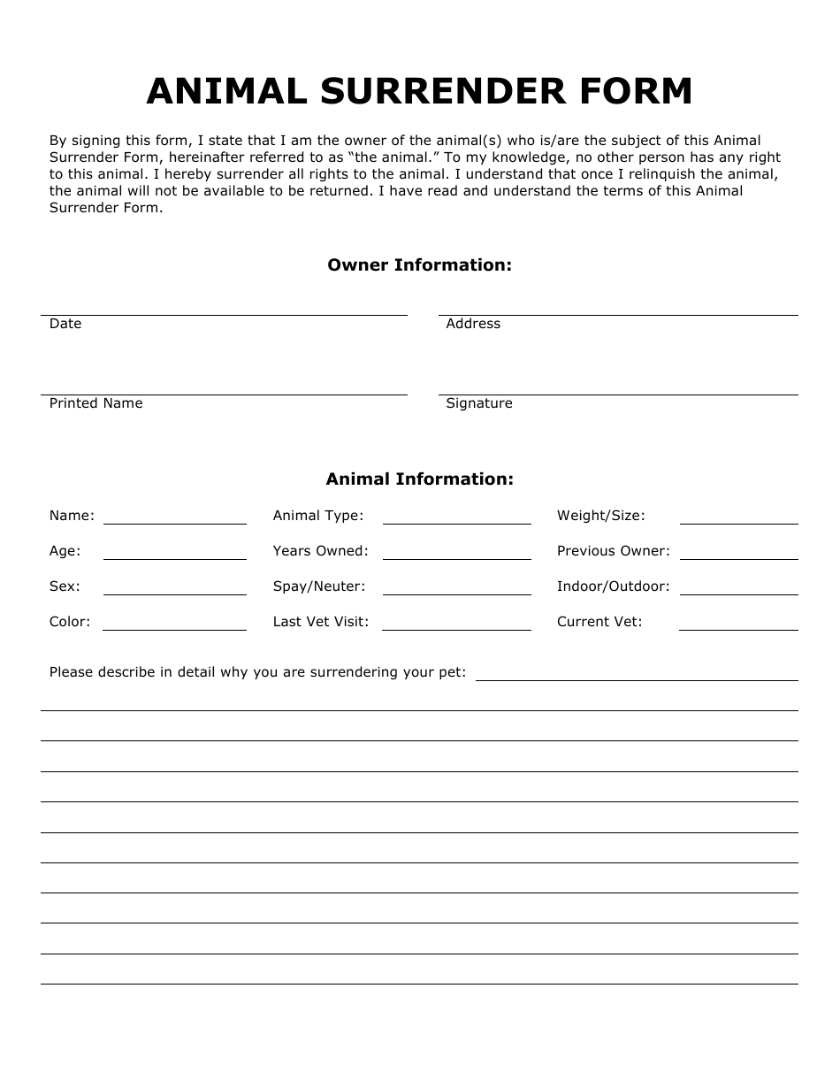 Voluntary Surrender Printable Animal Surrender Form Template