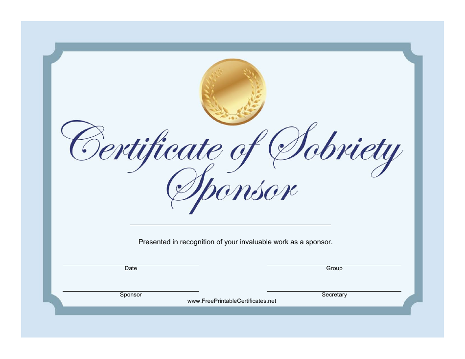 Sponsor Certificate of Sobriety Template Image