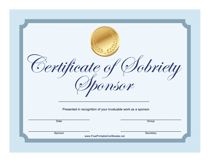 &quot;Sponsor Certificate of Sobriety Template&quot; Download Pdf