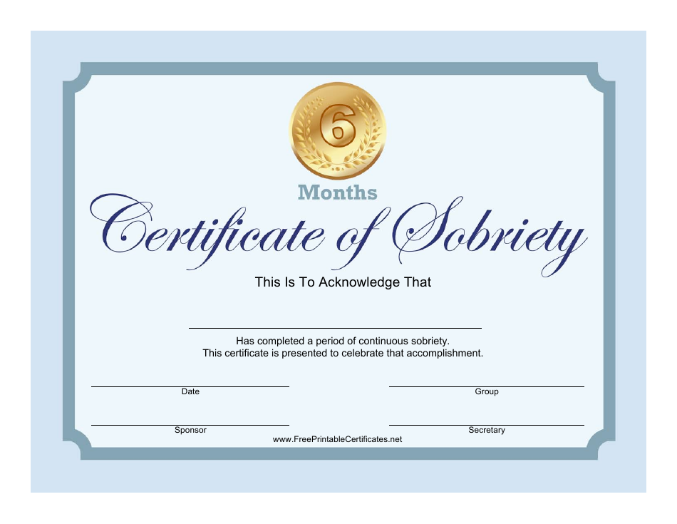 Blue 6 Months Certificate of Sobriety Template Image Preview