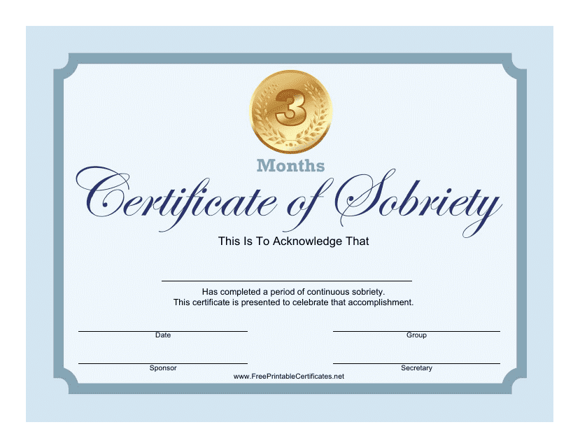 Blue 3 Months Certificate of Sobriety Template Download Pdf