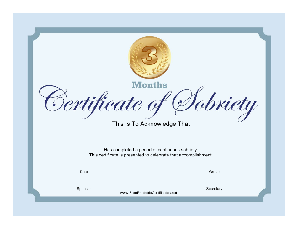 Blue 3 Months Certificate of Sobriety Template, Page 1