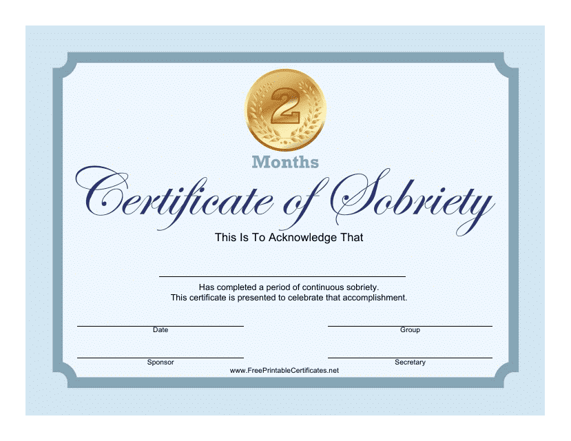 Blue 2 Months Certificate of Sobriety Template