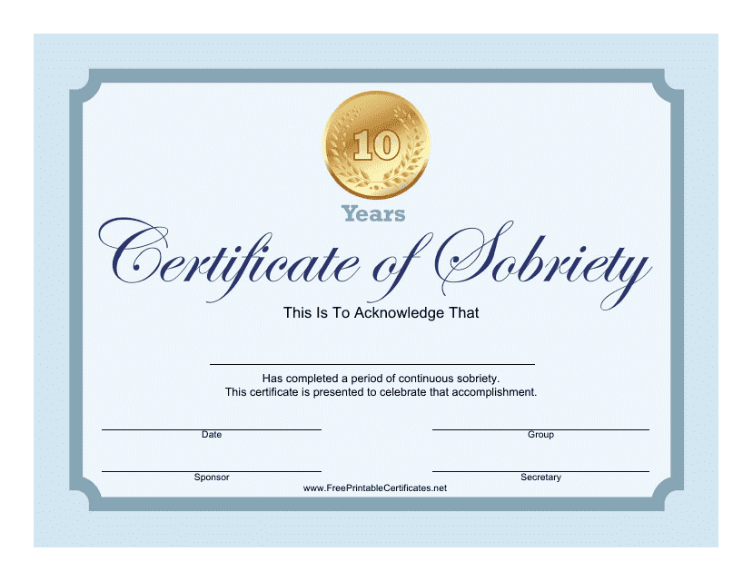 Blue 10 Years Certificate of Sobriety Template Download Pdf