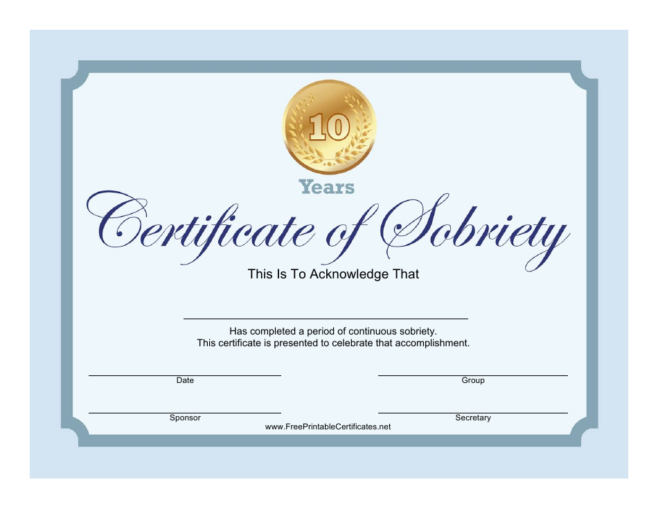 Blue 10 Years Certificate of Sobriety Template, Page 1