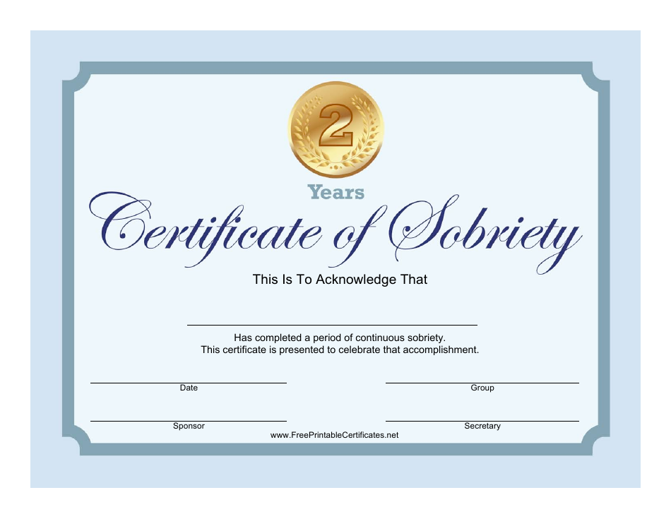 Blue 2 Years Certificate of Sobriety Template, Page 1