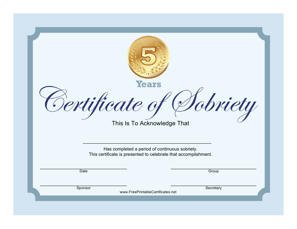 Blue 5 Years Certificate of Sobriety Template
