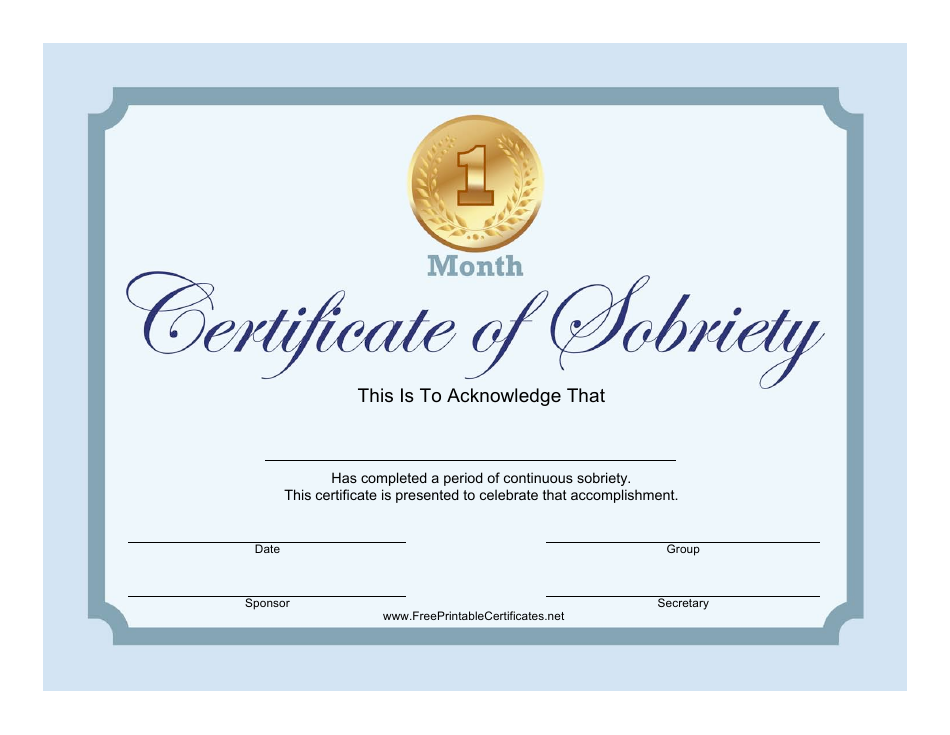 Blue 1 Month Certificate of Sobriety Template, Page 1