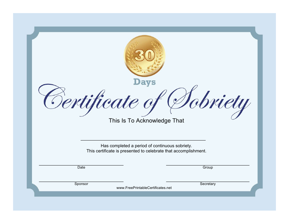 30-day Certificate of Sobriety Template - Preview