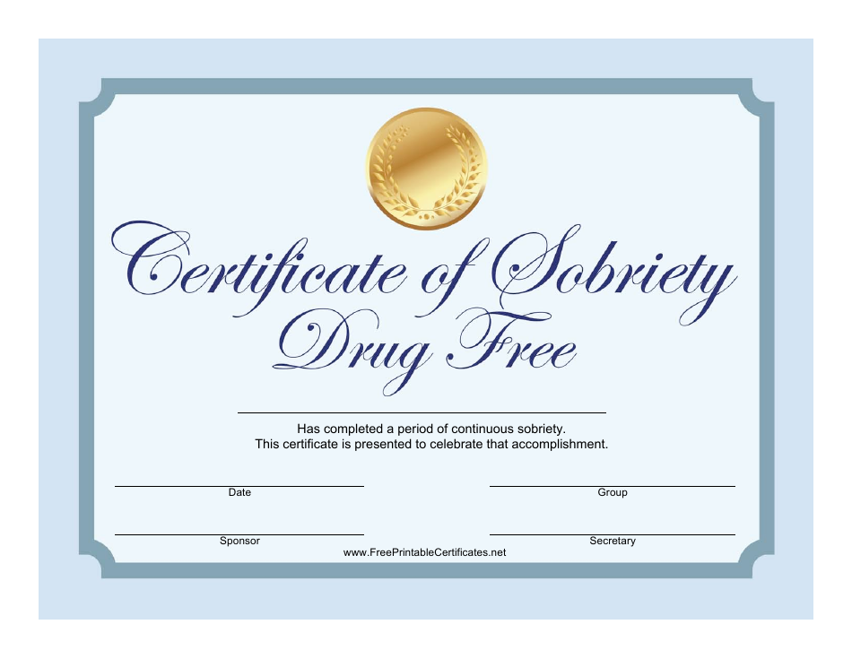 Drug Free Sobriety Certificate Template Download Printable PDF