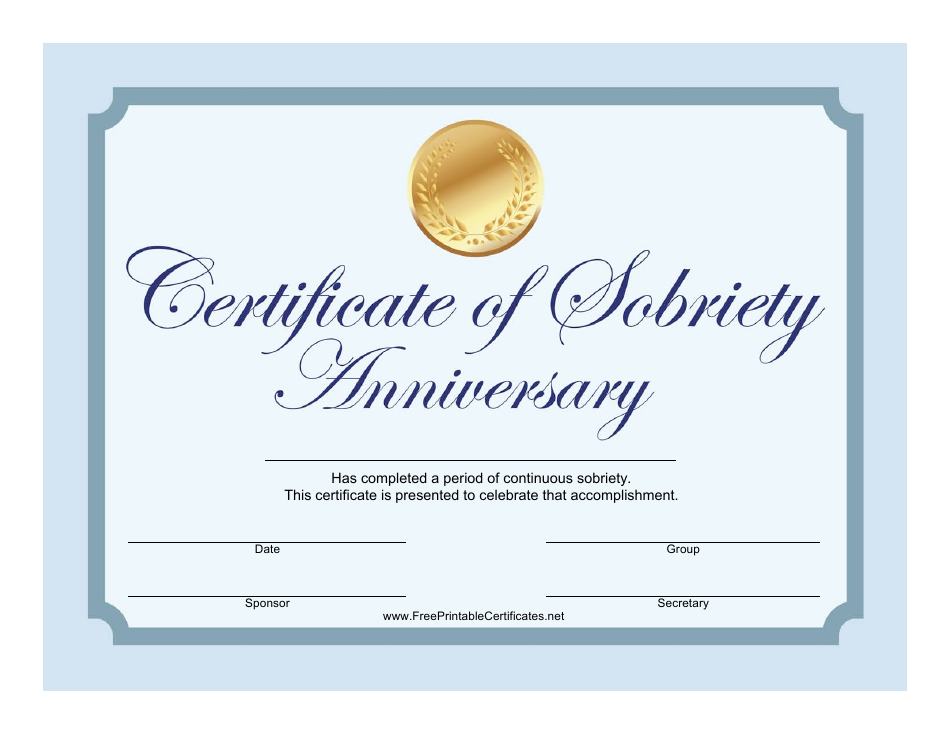Blue Sobriety Anniversary Certificate Template, Page 1