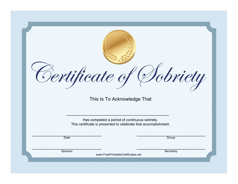 HD image of a beautifully designed Sobriety Certificate Template in contrasting shades of blue.
