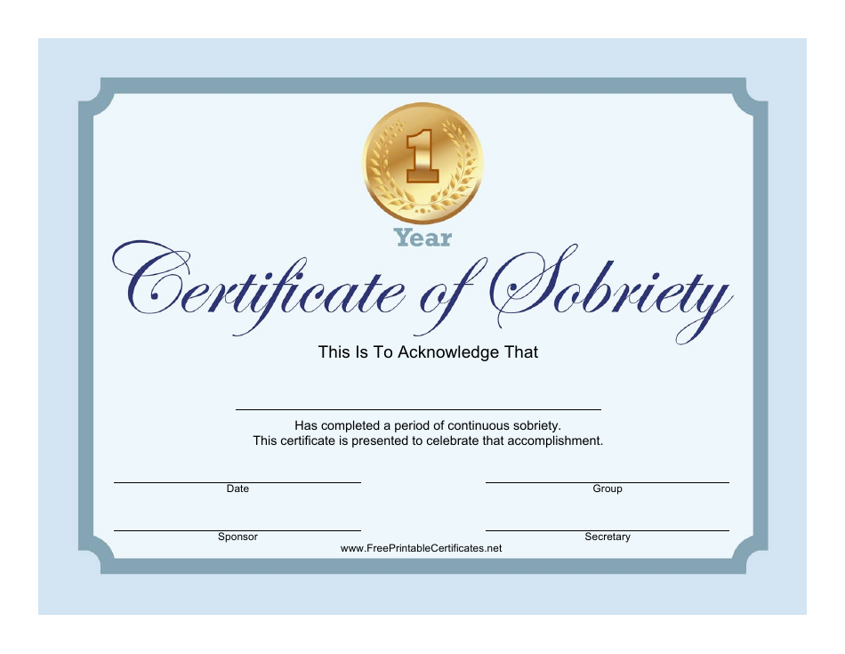 Sobriety Certificate Template - One Year - Preview Image