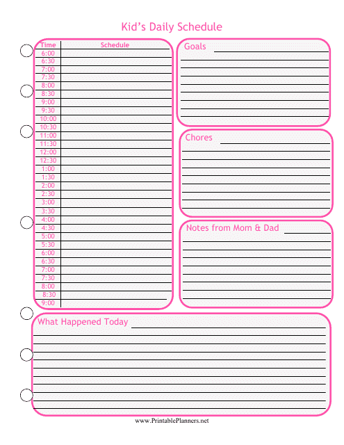 Kid&#039;s Pink Daily Schedule Template