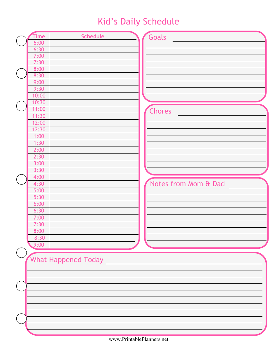 Kid's Pink Daily Schedule Template Image Preview