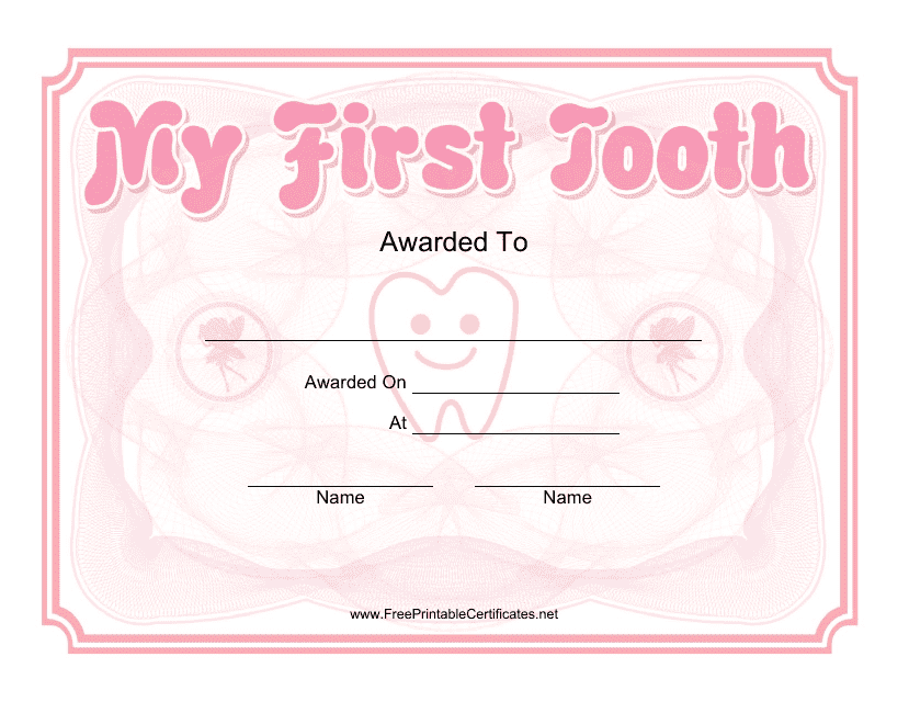 &quot;My First Tooth Award Certificate Template&quot; Download Pdf