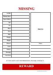 &quot;Missing Person Poster Template With Reward&quot;