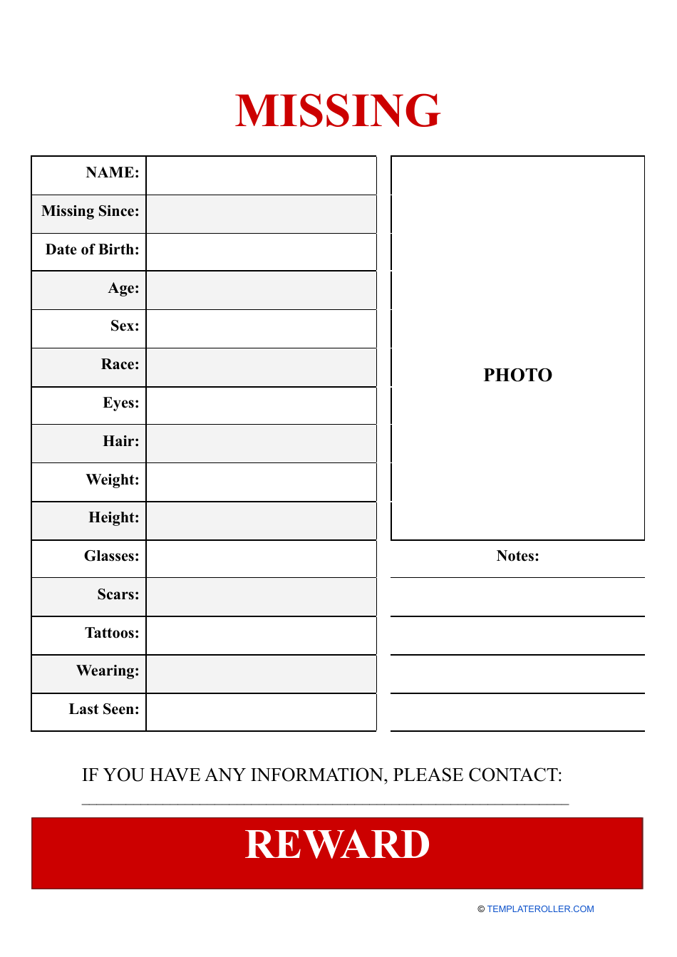 Missing Person Poster Template With Reward Download Printable PDF