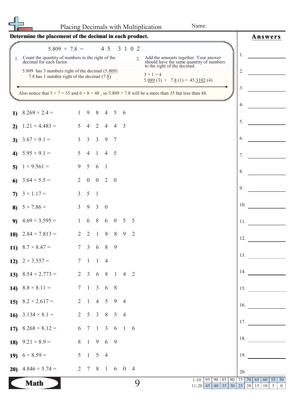 placing decimals with multiplication worksheet with answer key download printable pdf templateroller