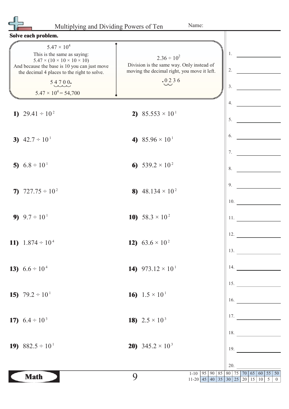 Multiplying and Dividing Powers of Ten Worksheet With Answer Key visual preview