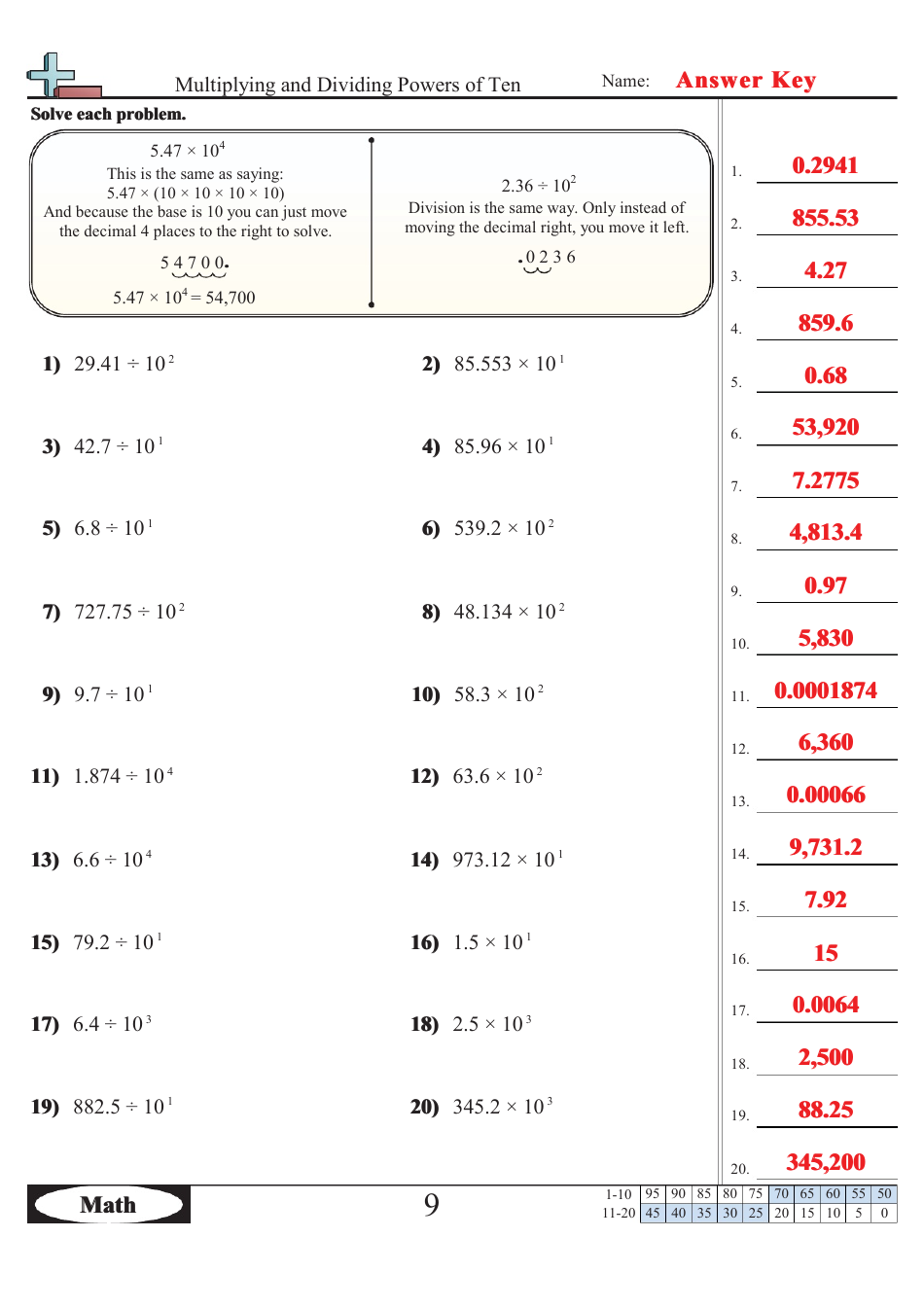 Multiplying and Dividing Powers of Ten Worksheet With Answer Key, Page 2