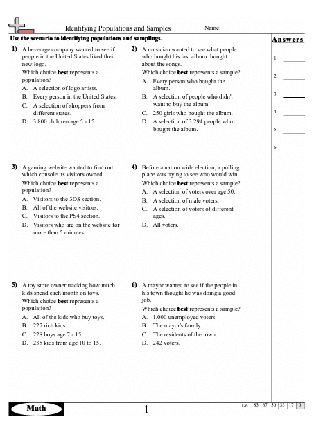 Identifying Populations and Samples Worksheet With Answer Key