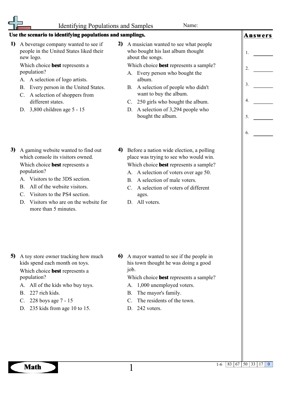 Identifying Populations and Samples Worksheet image preview