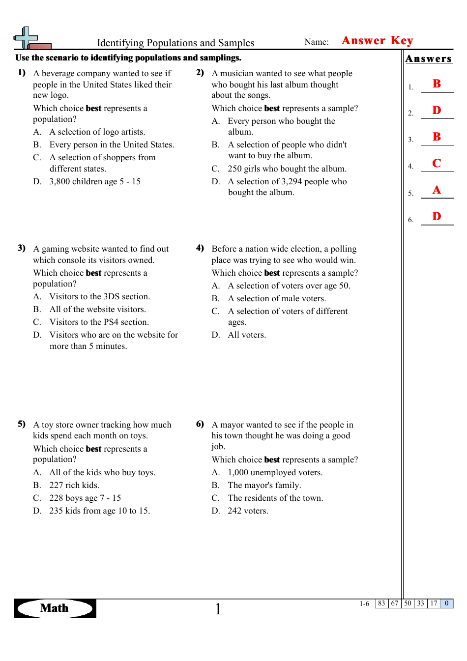 Identifying Populations and Samples Worksheet With Answer Key, Page 2