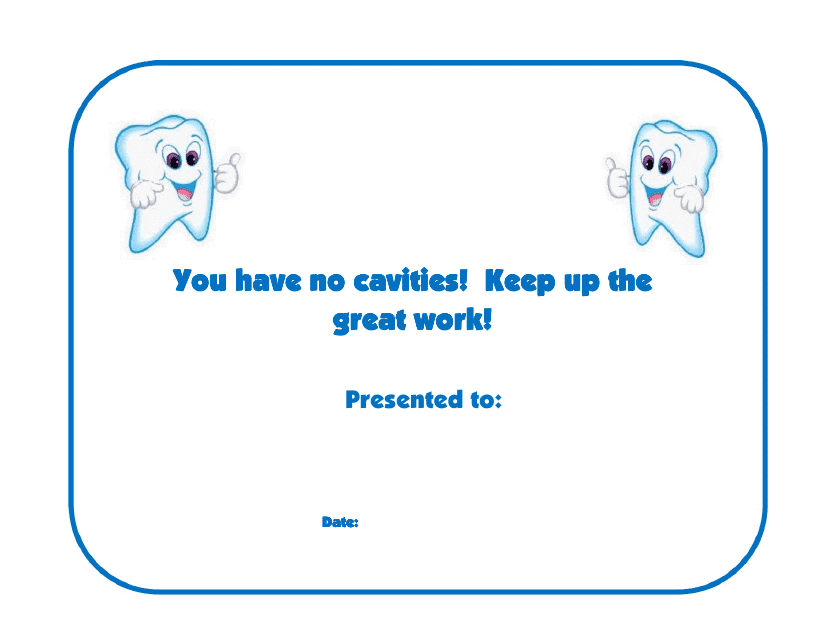 No Cavities Award Certificate Template - Illustrated Tooth with Sparkling Smile Image