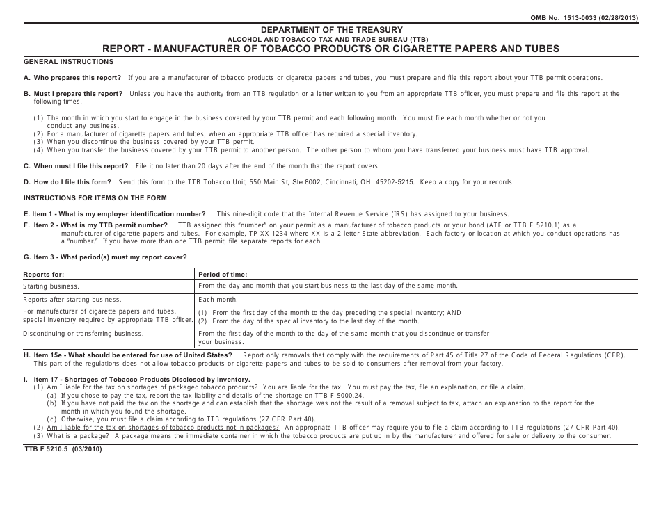 TTB Form 5210.5 Report - Manufacturer of Tobacco Products or Cigarette Papers and Tubes, Page 1