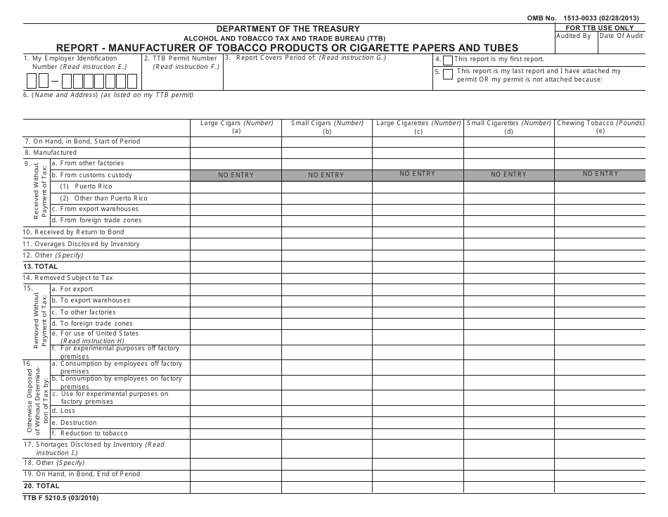 TTB Form 5210.5 Report - Manufacturer of Tobacco Products or Cigarette Papers and Tubes, Page 3