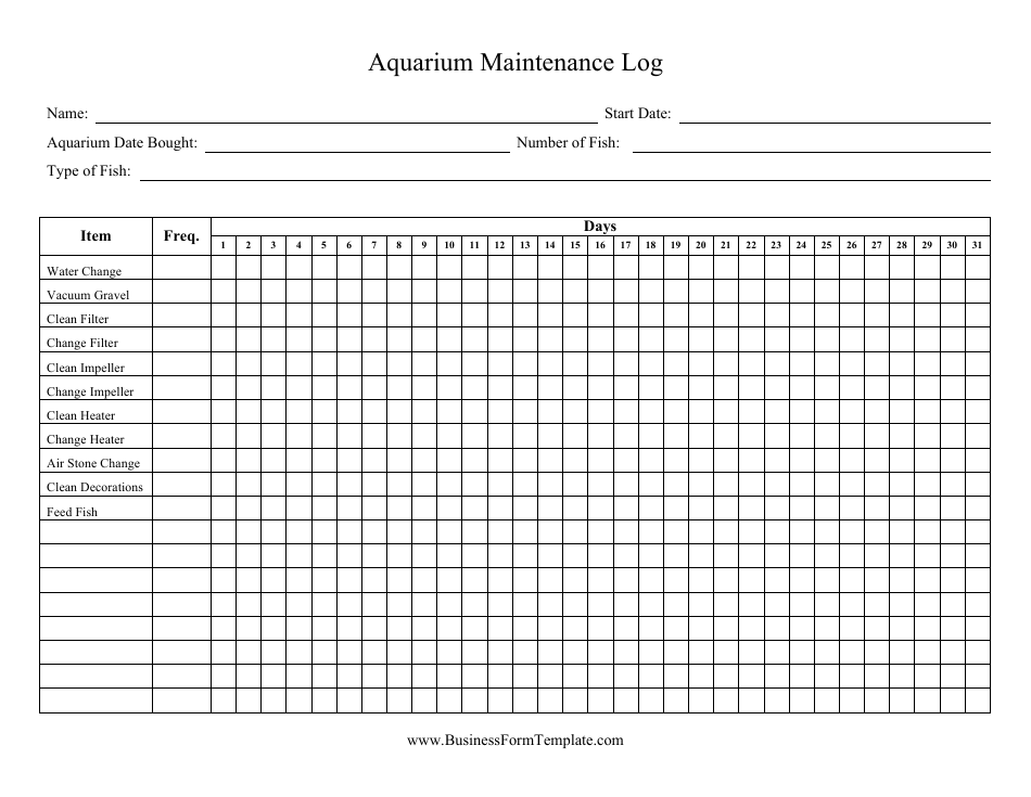 Daily Aquarium Maintenance Log Sheet - Document Preview