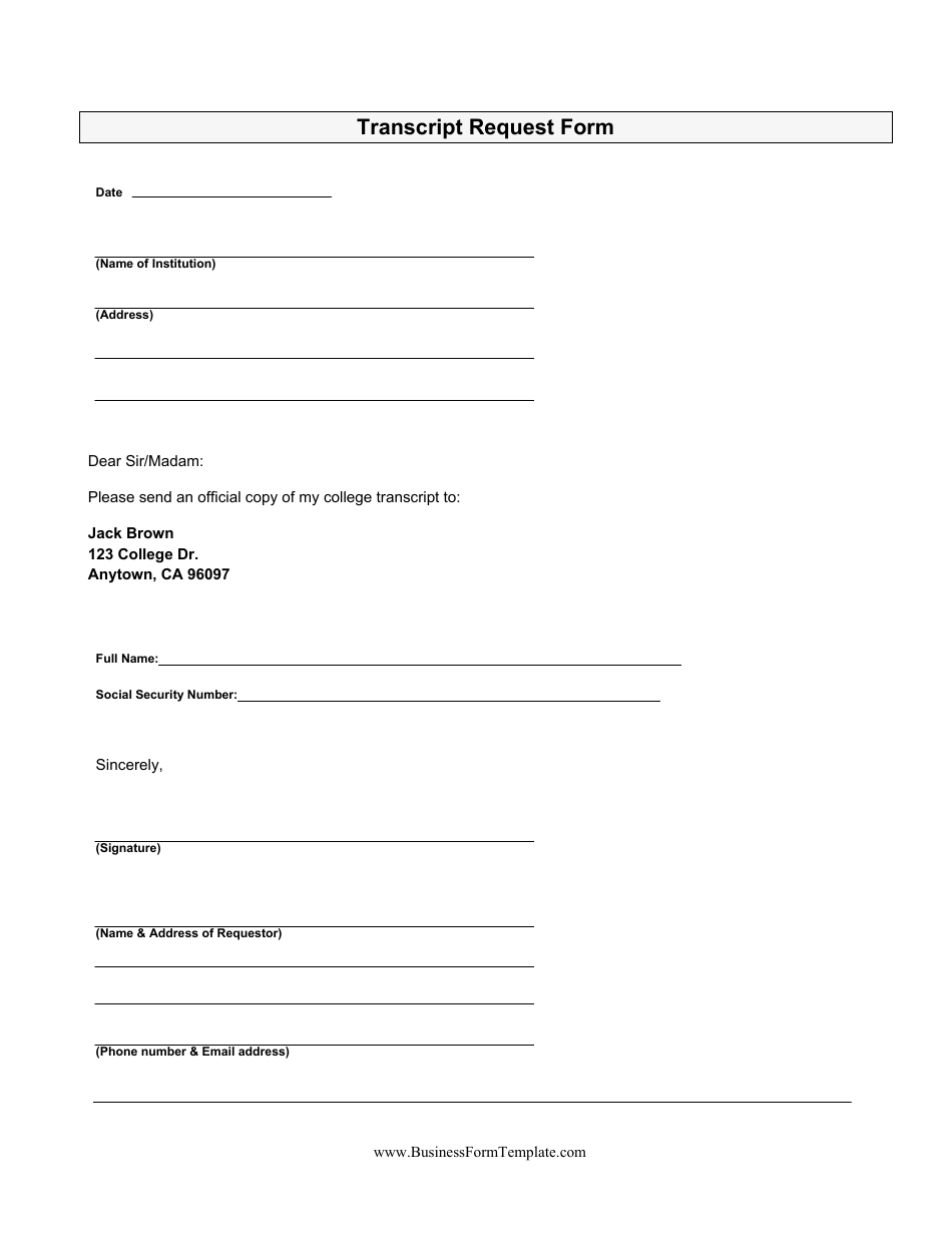 Blank Transcript Request Form, Page 1