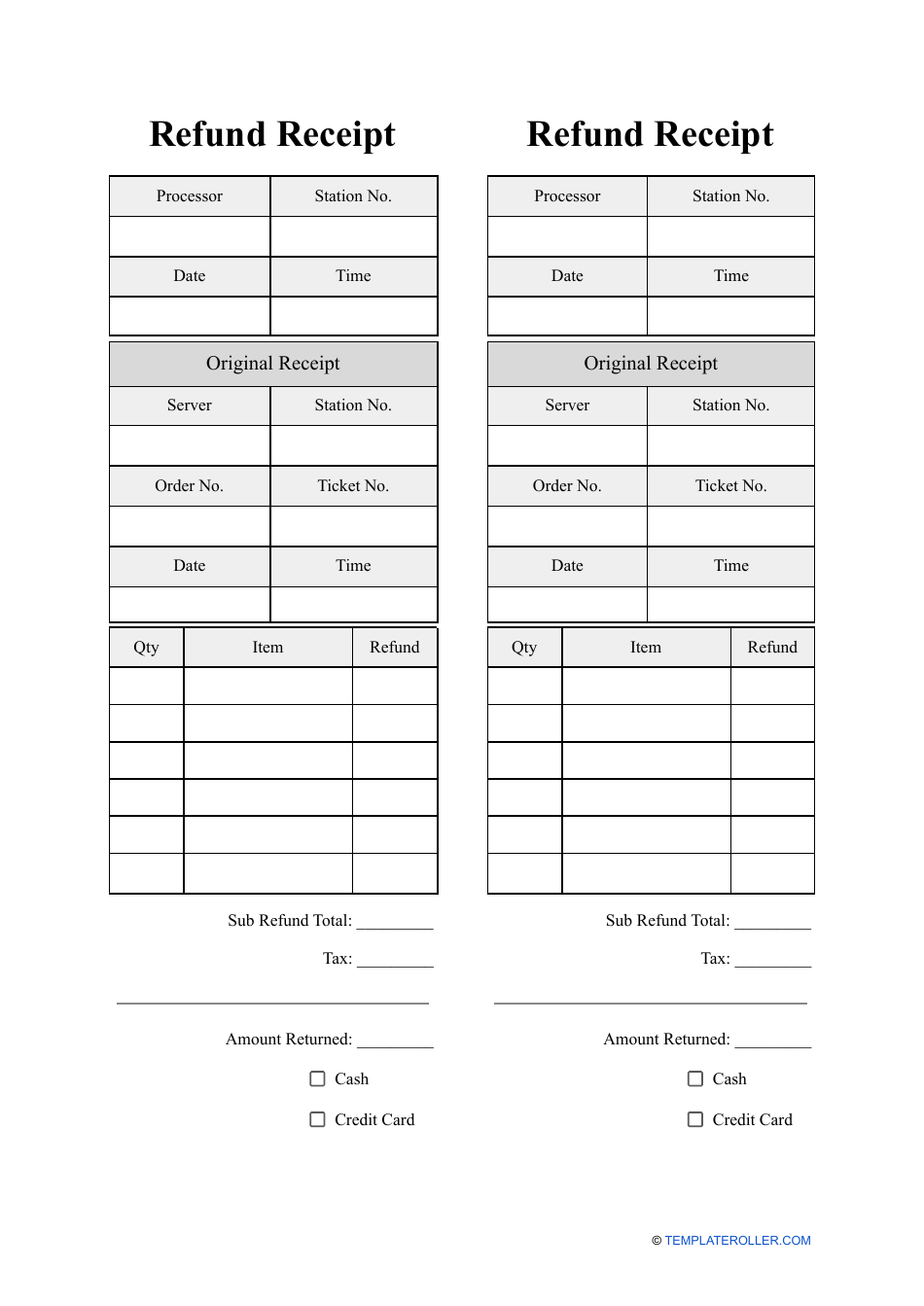 Refund Receipt Template (Portrait, 2 Per Page), Page 1