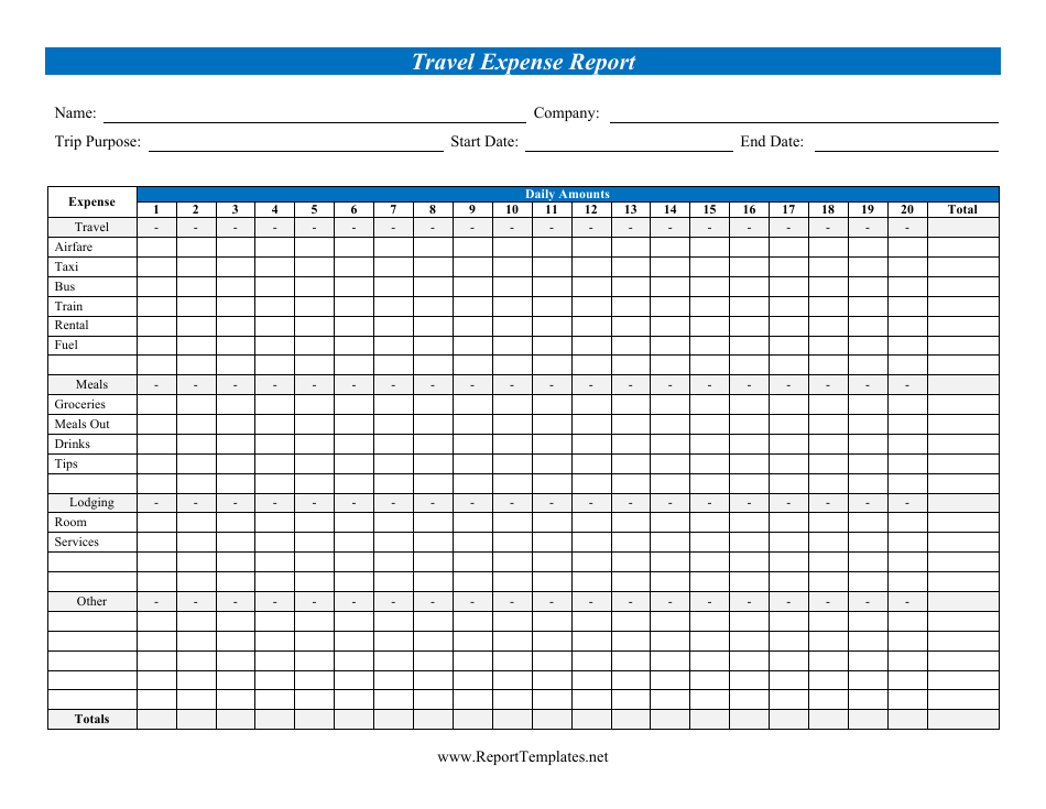 Travel Expense Report Template - Daily Amounts, Page 1