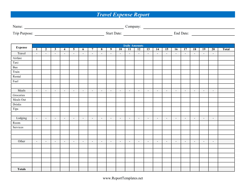 Travel Expense Report Template - Daily Amounts Download Pdf