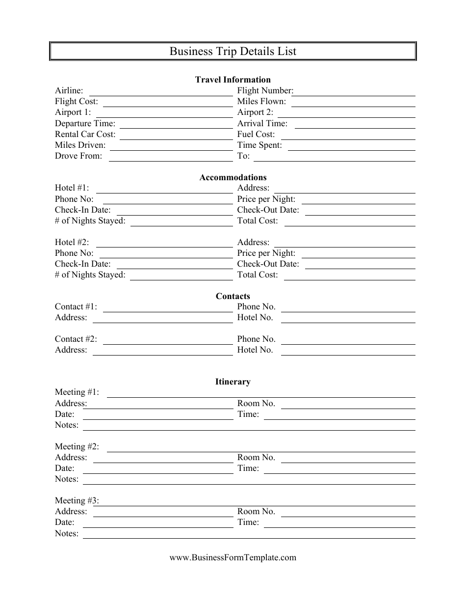 Business Trip Details List Template Download Printable PDF