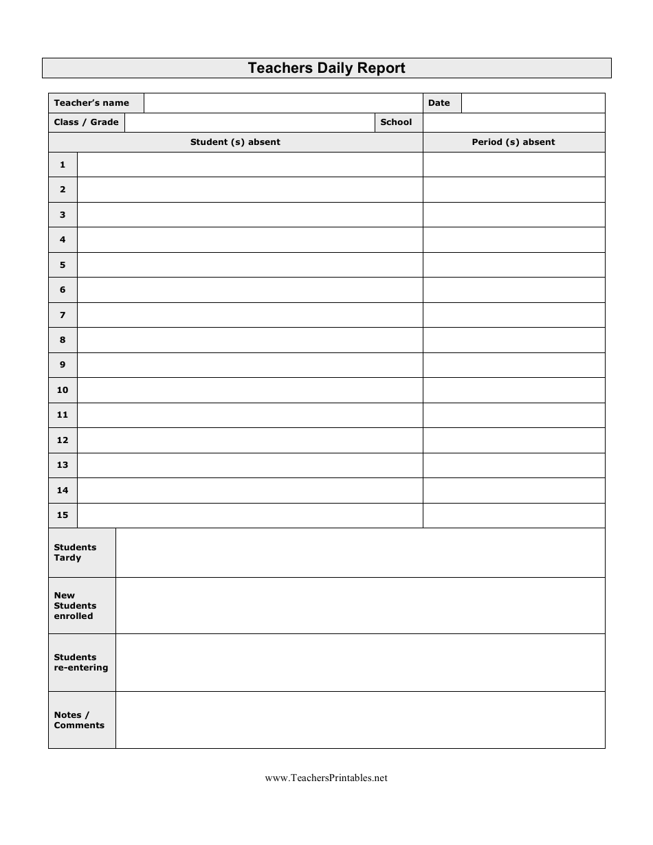 Teachers Daily Report Template, Page 1