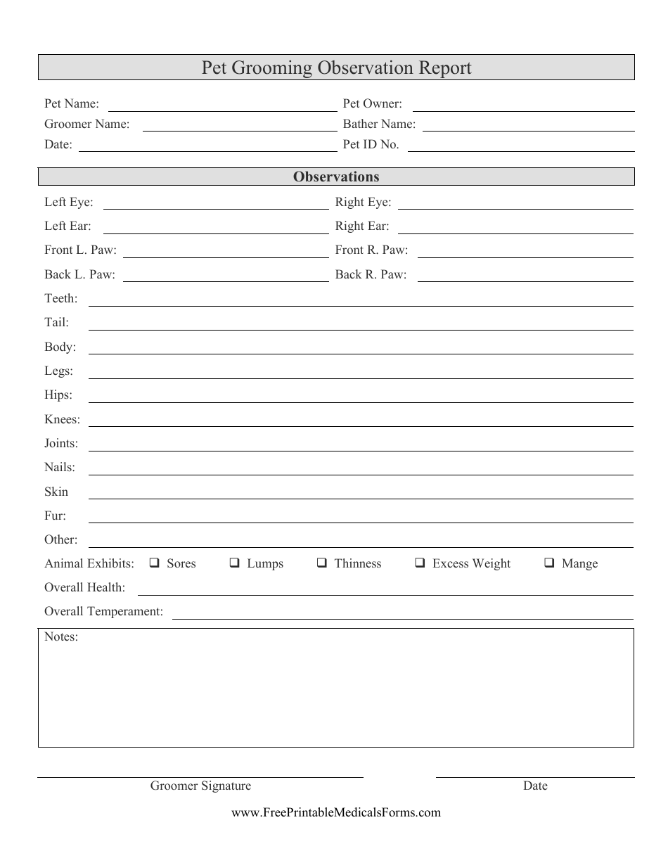 Pet Grooming Observation Report Form, Page 1
