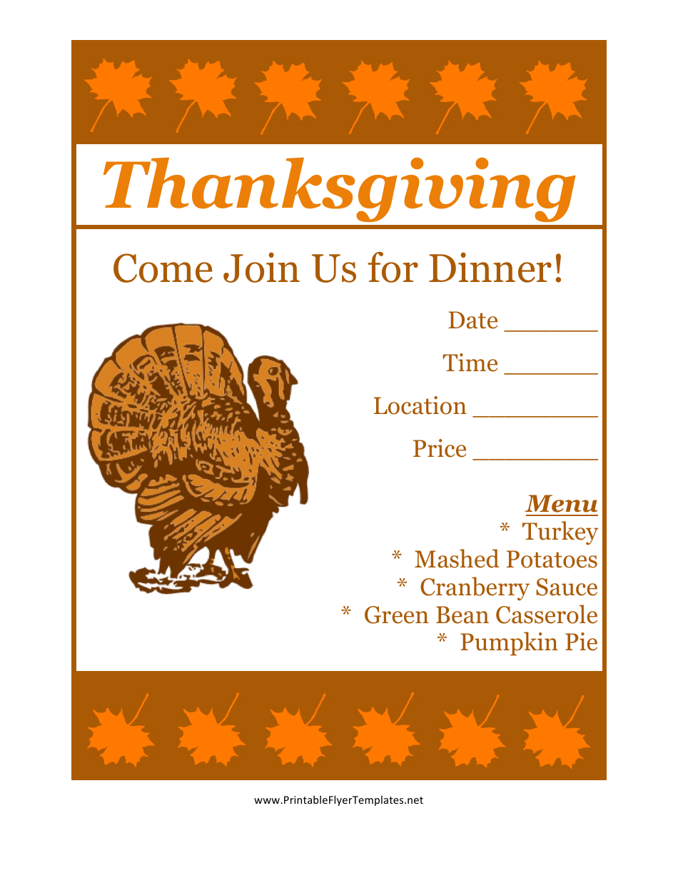 Thanksgiving Flyer Template - Illustration of a Thanksgiving flyer showcasing an elegant design with traditional symbols such as a cornucopia, turkey, and fall leaves.