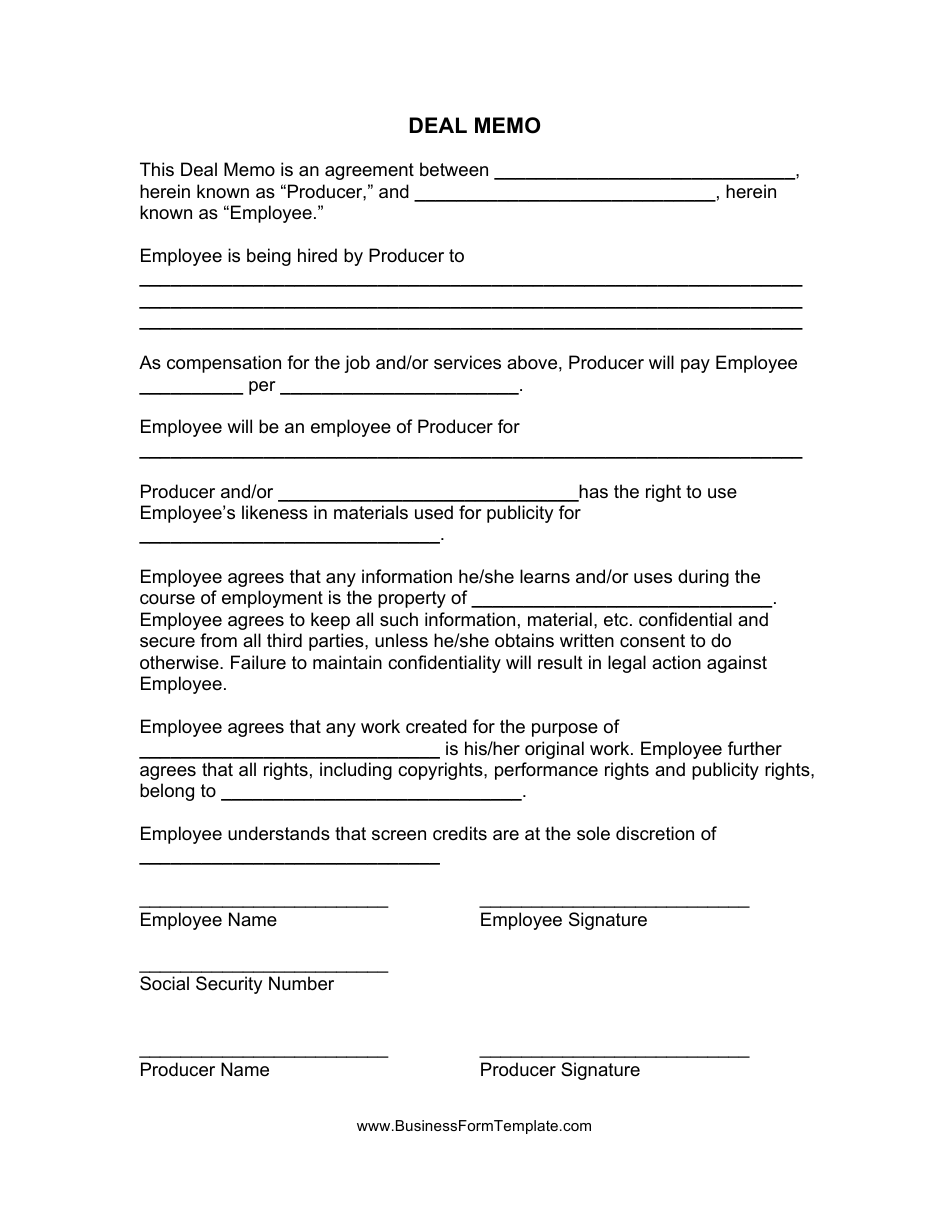 Deal Memo Template Download Printable PDF | Templateroller