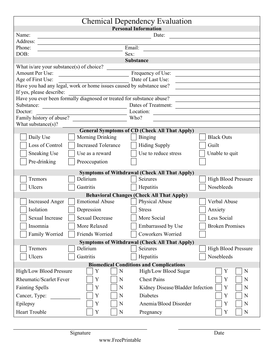Chemical Dependency Evaluation Form, Page 1