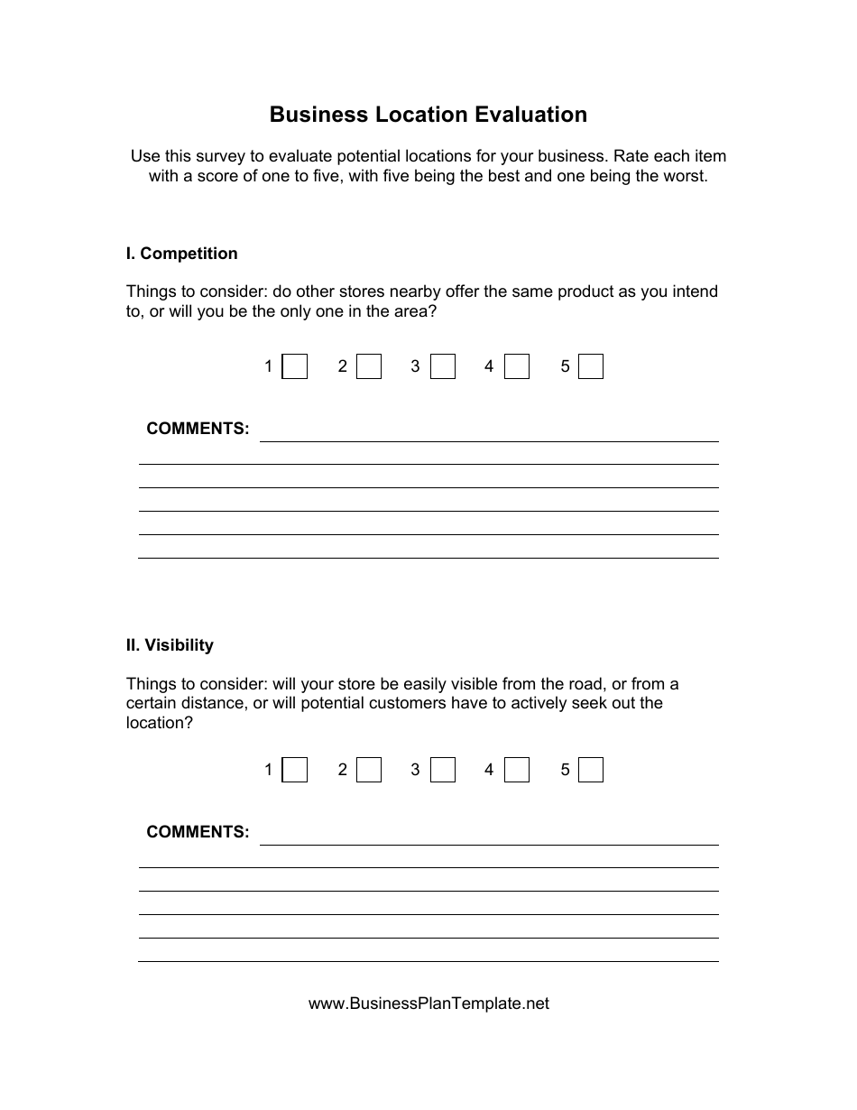 Business Location Evaluation Form, Page 1